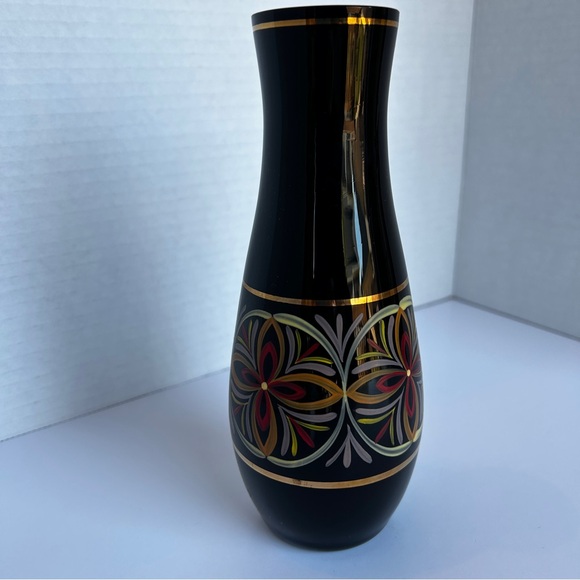 HYALITH Black Glass Vase Painted  Design Gold Bands 7.25 inches - Picture 4 of 10